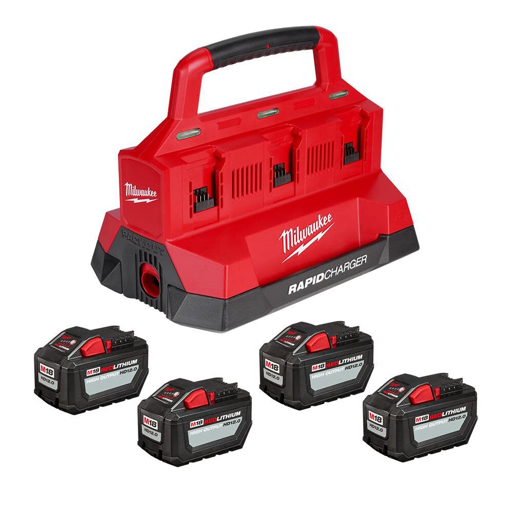 M18 18V Lithium-Ion PACKOUT 6-Port Rapid Charger w/ (4) 12Ah HIGH OUTPUT Batteries