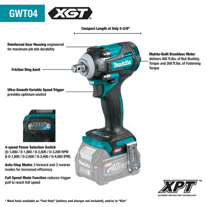 40V max XGT® Brushless Cordless 4‑Speed 1/2" Sq. Drive Impact Wrench w/ Friction Ring Anvil [GWT04Z]