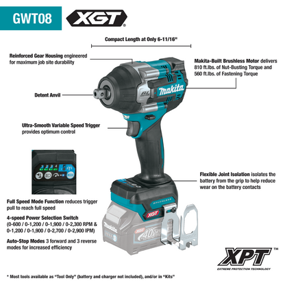 40V max XGT® Brushless Cordless 4‑Speed Mid‑Torque 1/2" Sq. Drive Impact Wrench Kit w/ Detent Anvil (2.5Ah) [GWT08D]